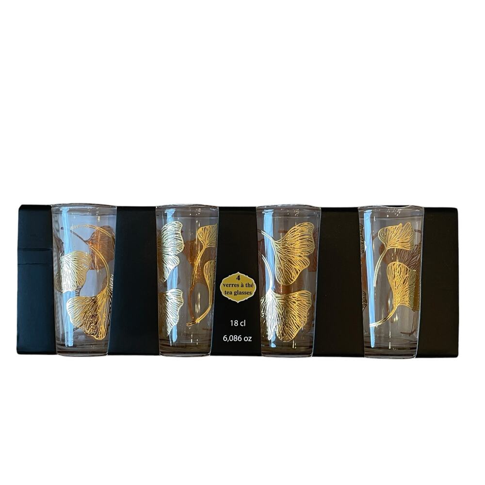 Set of 4 Moroccan Tea Glasses Hand Painted Gold Floral Motif 6oz New